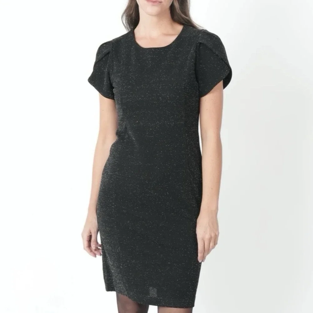 Calvin Klein Black Glitter Tulip Sleeve Stretch Sheath‎ Dress Wedding Cocktail 6
